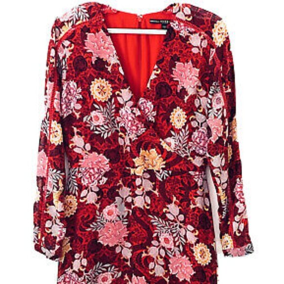 Guess Womens 6 Red Mauve Gold Floral Long Sleeve Lined Wrap Silhouette Dress - Picture 6 of 7